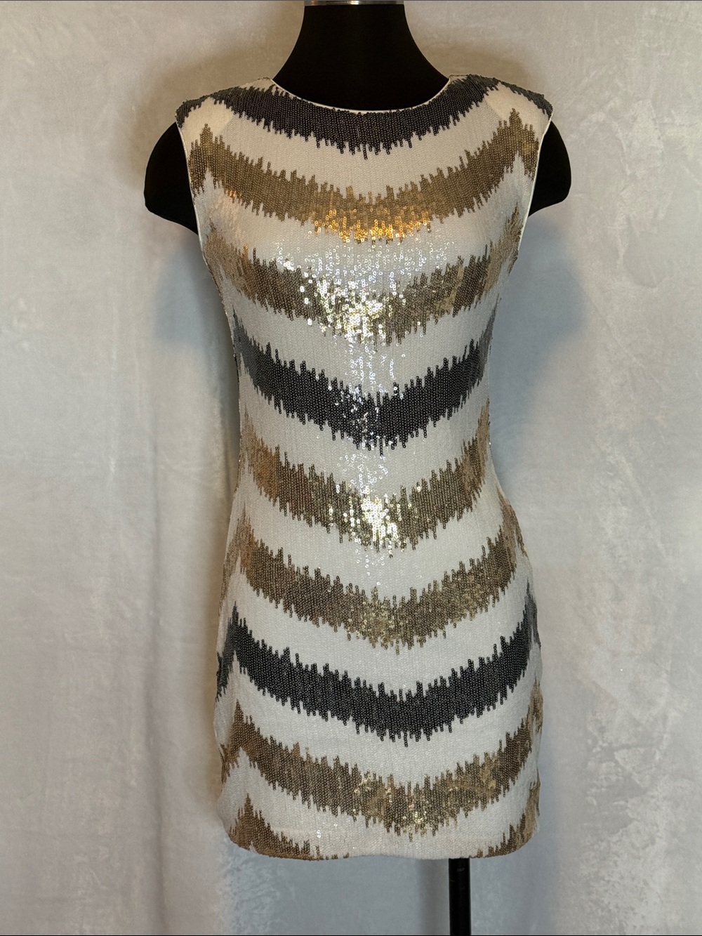 As U Wish White Sequin Mini Dress with Gold & Black Chevron Stripes